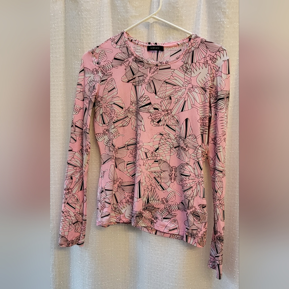 Versace Pink Long Sleeve Top 40 Moth Butterfly Print